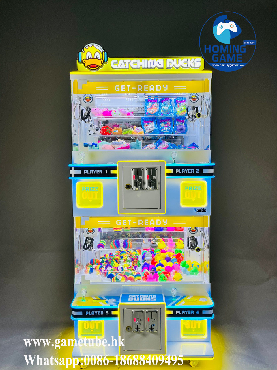 USA Hot Sale Coin Operated Catching Duck 4 Player Mini Crane Machine | Stacked Toy Catcher Claw Machine for Kids & Arcade | HomingGame Factory Direct